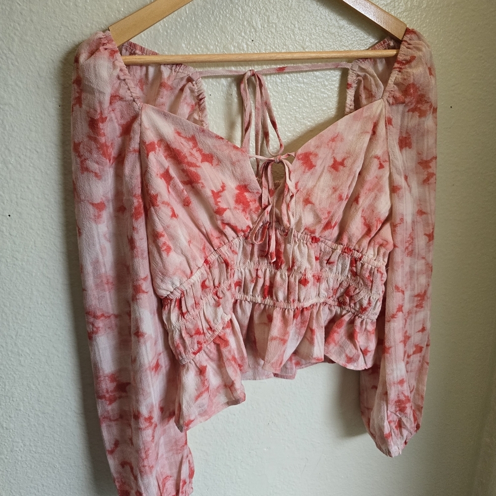 Dizzy Lizzy Low Cut Tie Front/Back Elastic Shoulder/Waist Tie-Dye Blouse Juniors - Picture 2 of 4